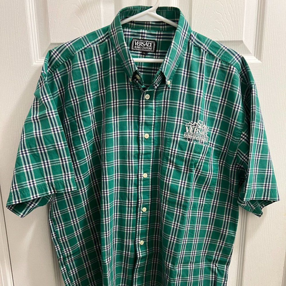 Versace Jeans Couture Men's Plaid Green/White Short Sleeve Cotton Shirt.